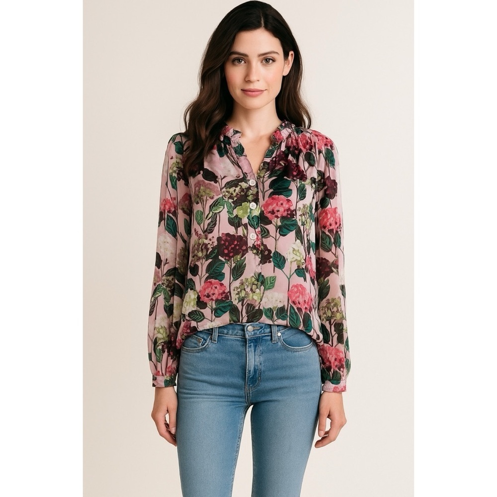 EUC Lesley Evers Hydrangeas Flowers Floral Blouse Top Made in Oakland, CA USA
